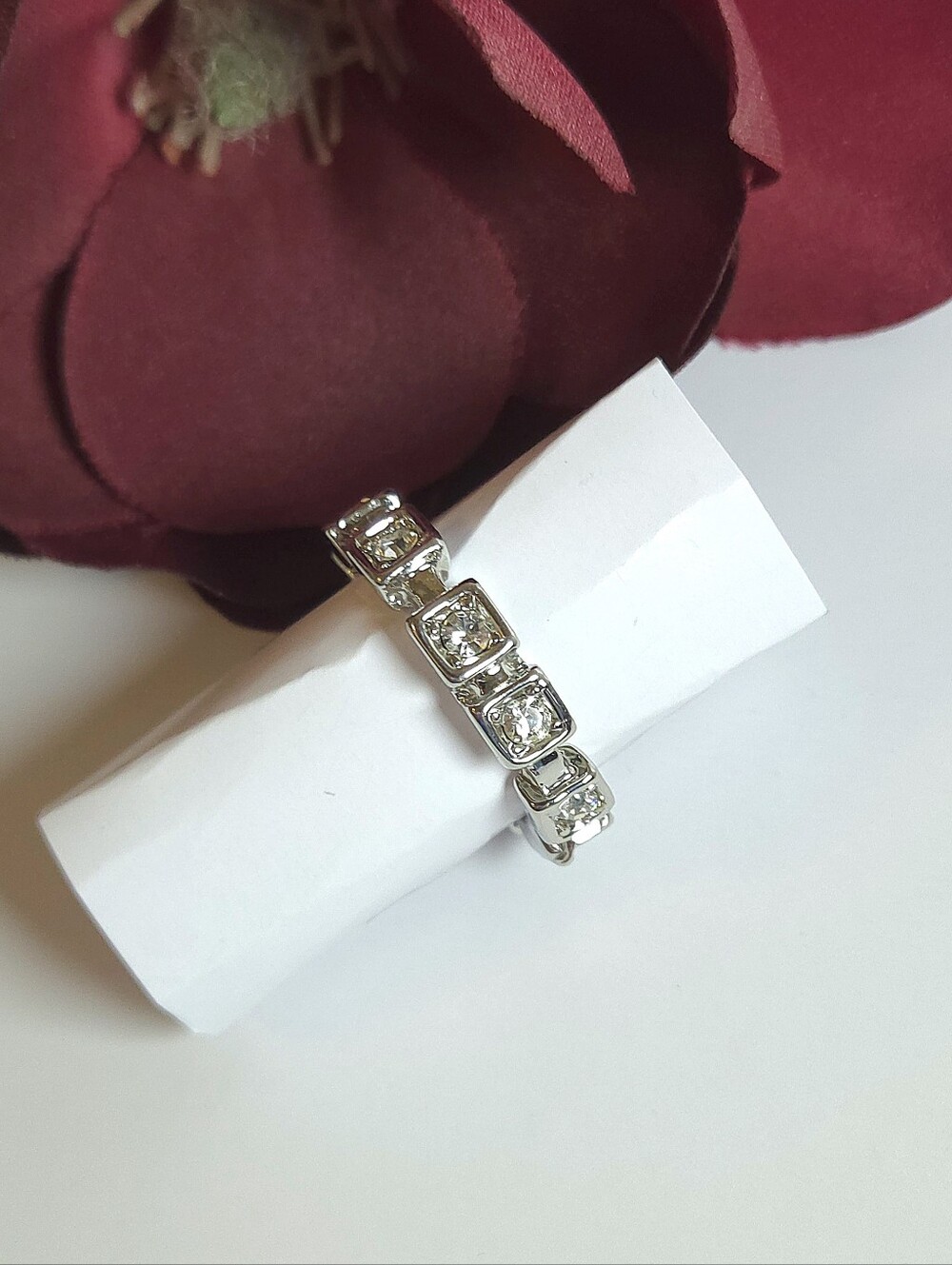 Sterling Silver Cubic Zironia Square Round Set Band Ring Size 7.5